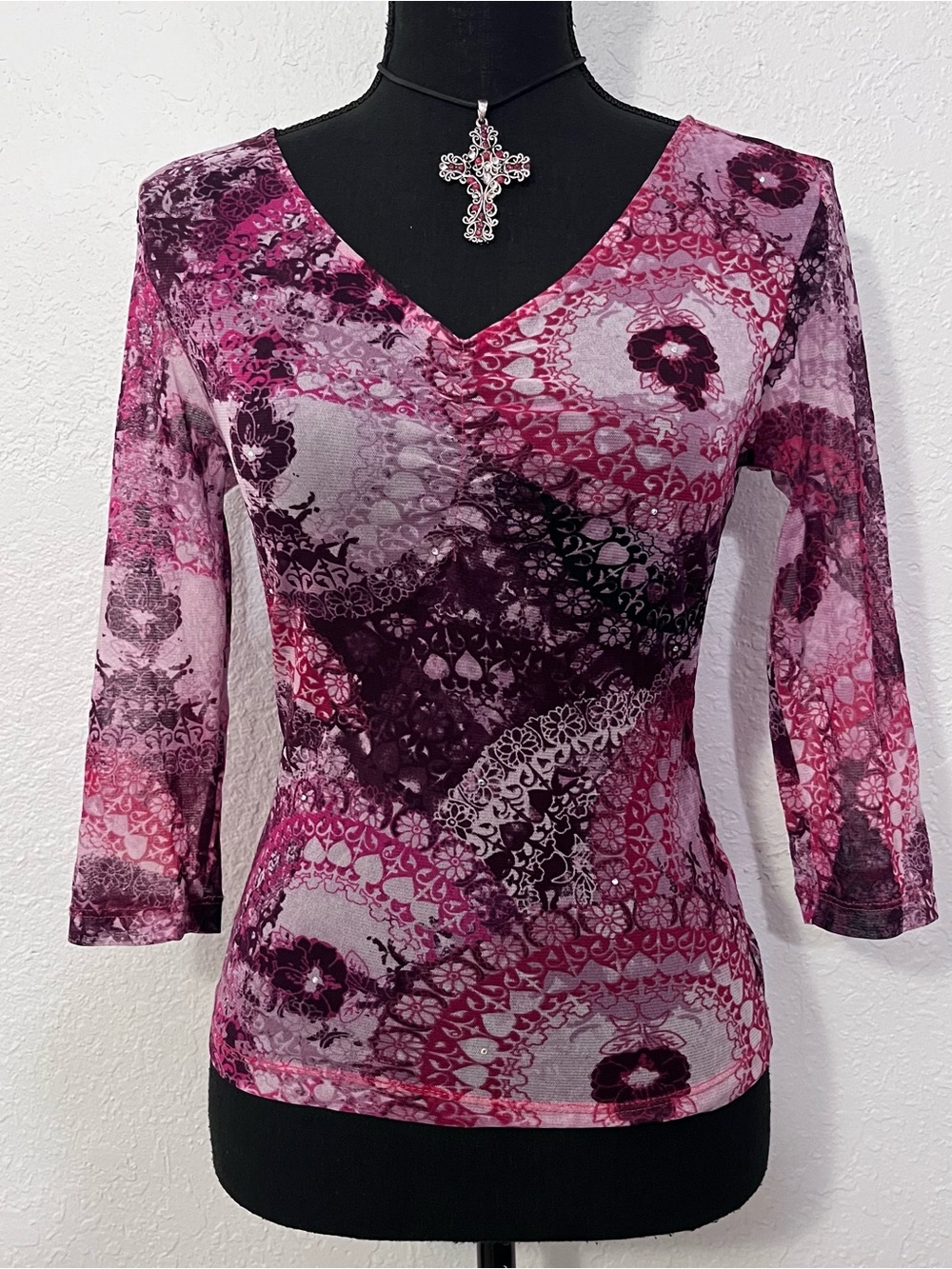 The Limited V-Neck Long Sleeve Top in Pink & Plum Medallion Print